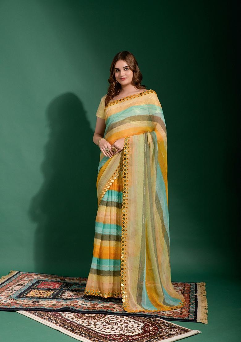 Yellow Lace Work Chiffon Saree Set - Indya