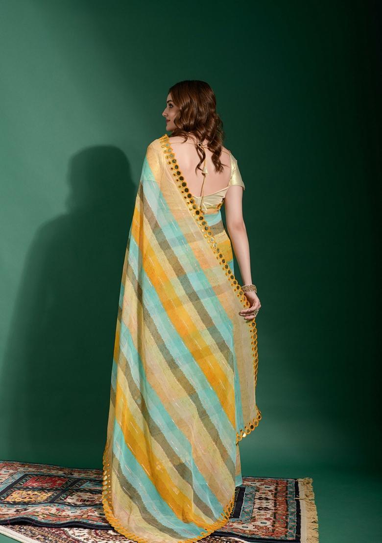 Yellow Lace Work Chiffon Saree Set - Indya