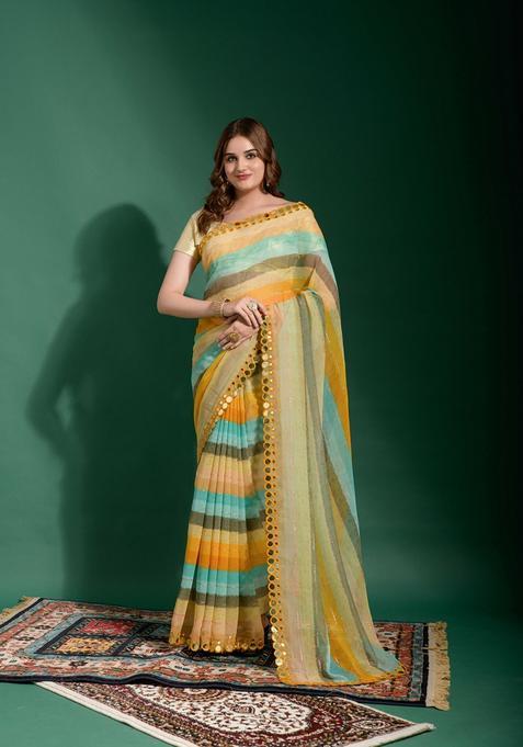 Yellow Lace Work Chiffon Saree Set