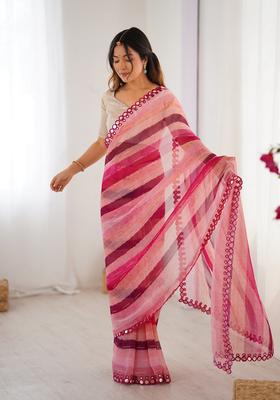 Pink Lace Work Chiffon Saree Set