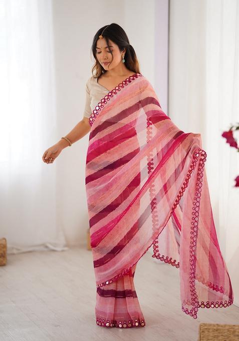 Pink Lace Work Chiffon Saree Set