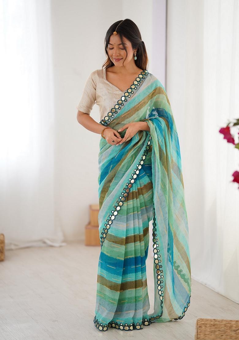 Aqua Lace Work Chiffon Saree Set - Indya