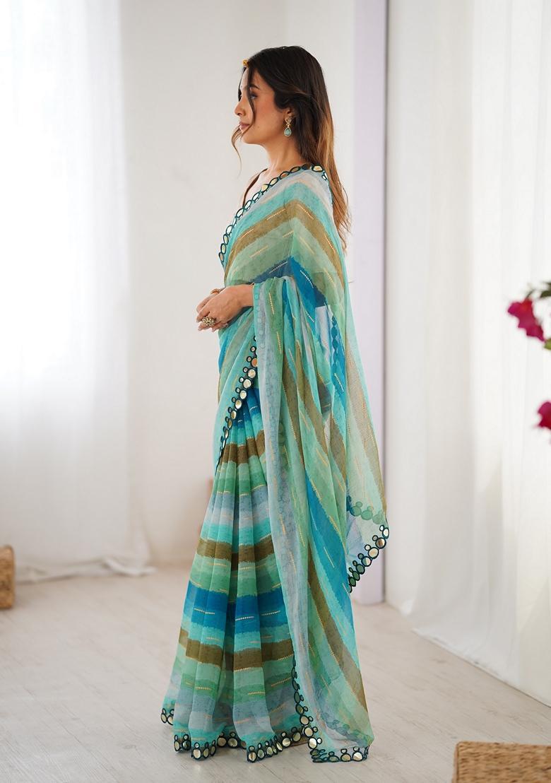 Aqua Lace Work Chiffon Saree Set - Indya