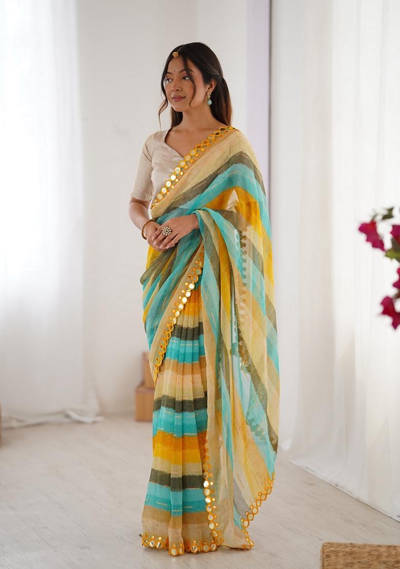Yellow Lace Work Chiffon Saree Set - Indya