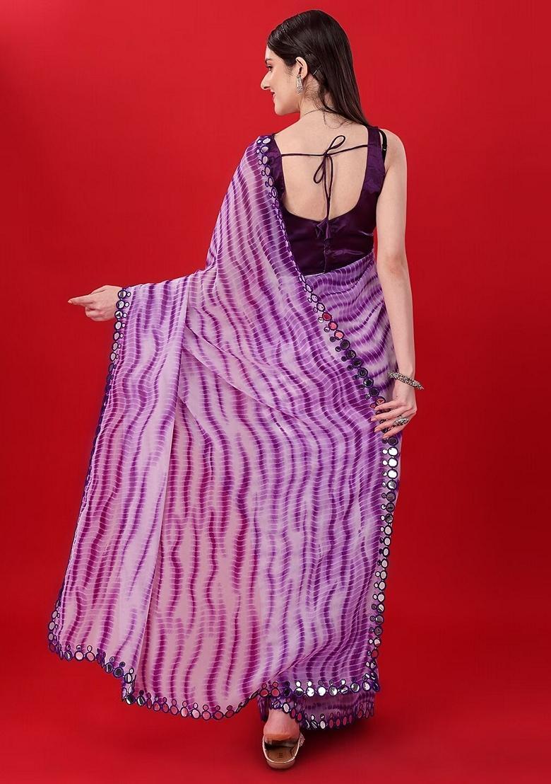 Purple Lace Work Chiffon Saree Set - Indya