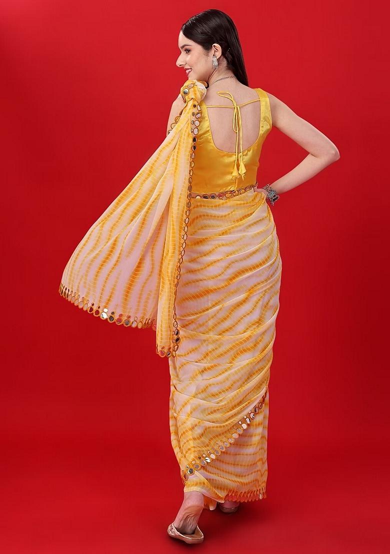 Yellow Lace Work Chiffon Saree Set - Indya
