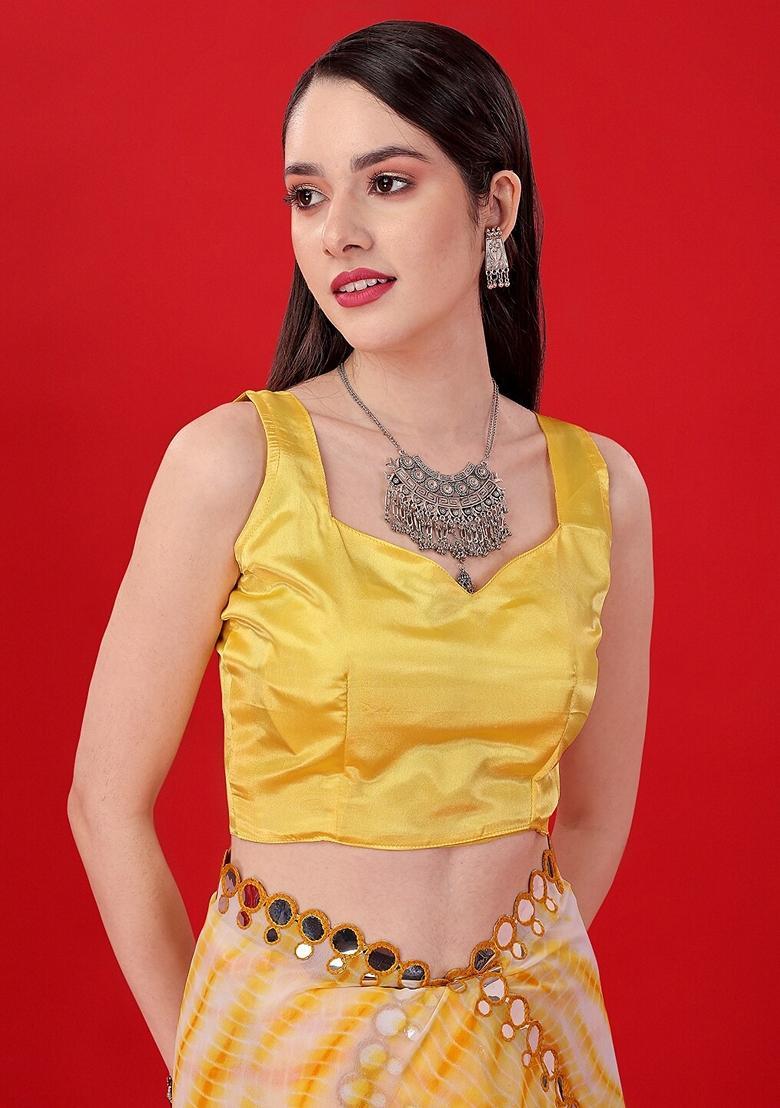 Yellow Lace Work Chiffon Saree Set - Indya