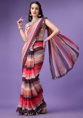 Multicolor Lace Work Chiffon Saree Set