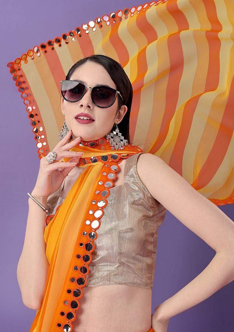 Mustard Lace Work Chiffon Saree Set - Indya