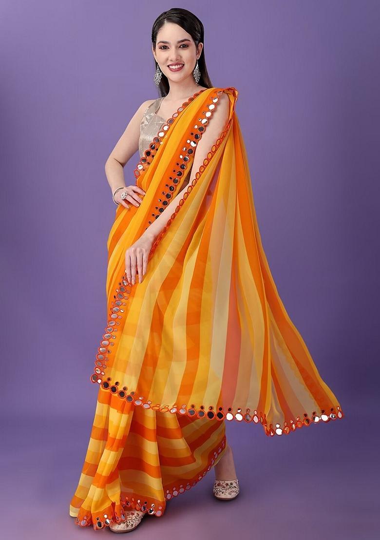 Mustard Lace Work Chiffon Saree Set - Indya