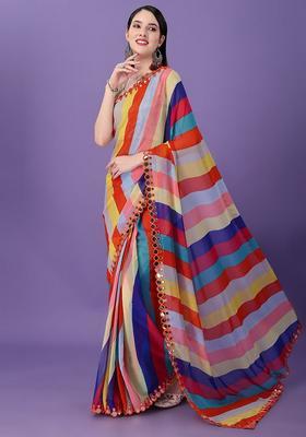 Multicolor Lace Work Chiffon Saree Set