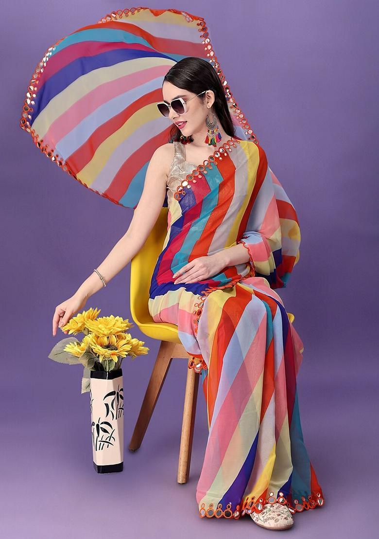 Multicolor Lace Work Chiffon Saree Set - Indya