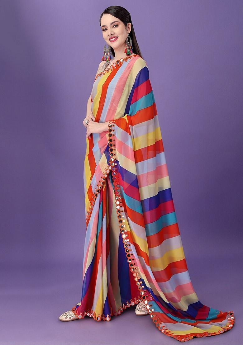 Multicolor Lace Work Chiffon Saree Set - Indya