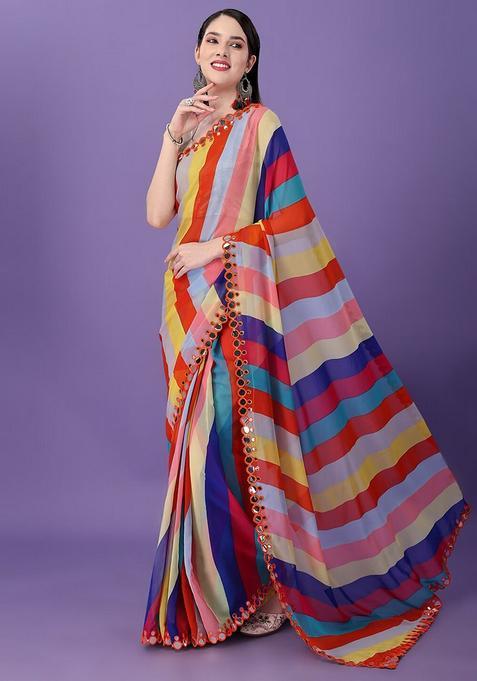Multicolor Lace Work Chiffon Saree Set