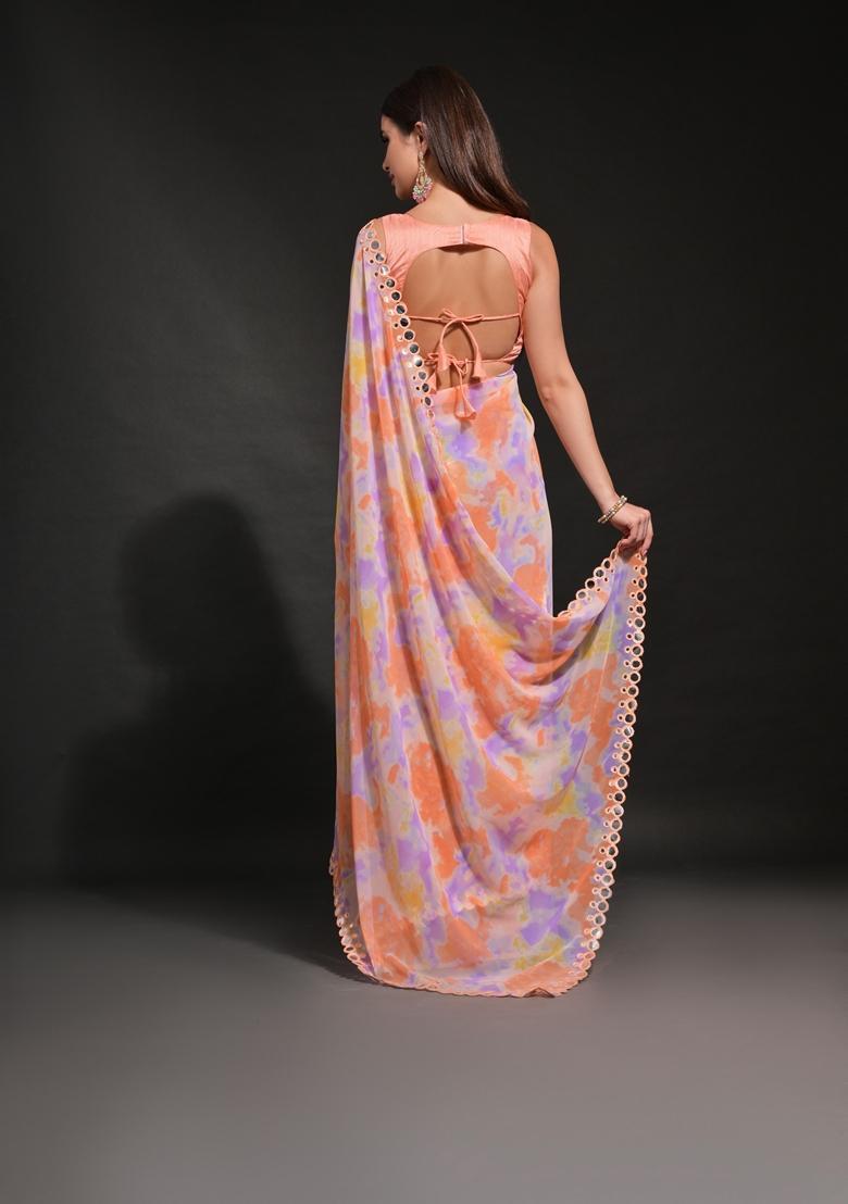 Orange Embellished Georgette Saree Set - Indya