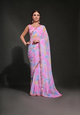 Pink Embellished Georgette Saree Set