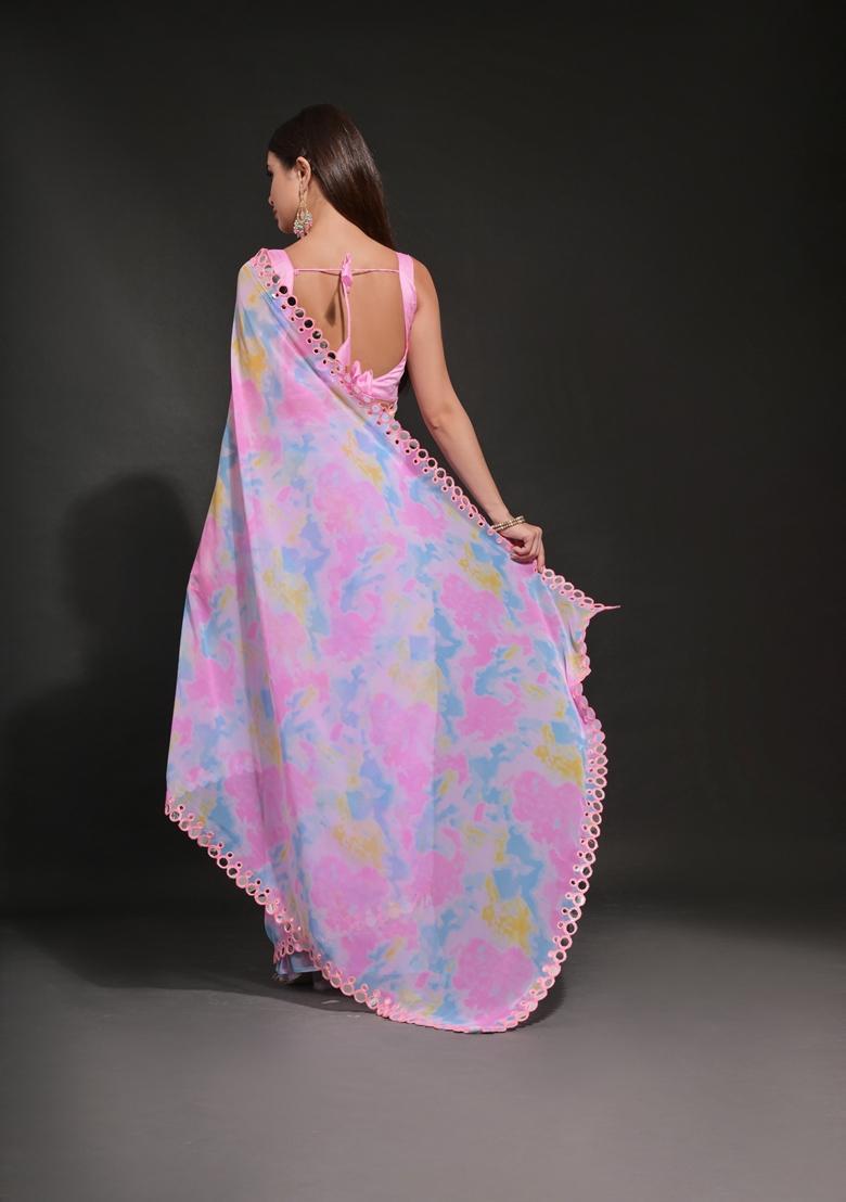 Pink Embellished Georgette Saree Set - Indya