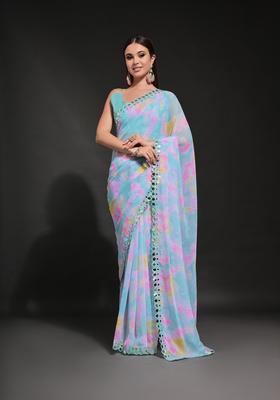 Aqua Embellished Georgette Saree Set