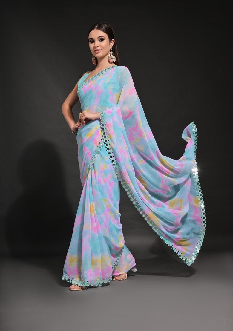 Aqua Embellished Georgette Saree Set - Indya