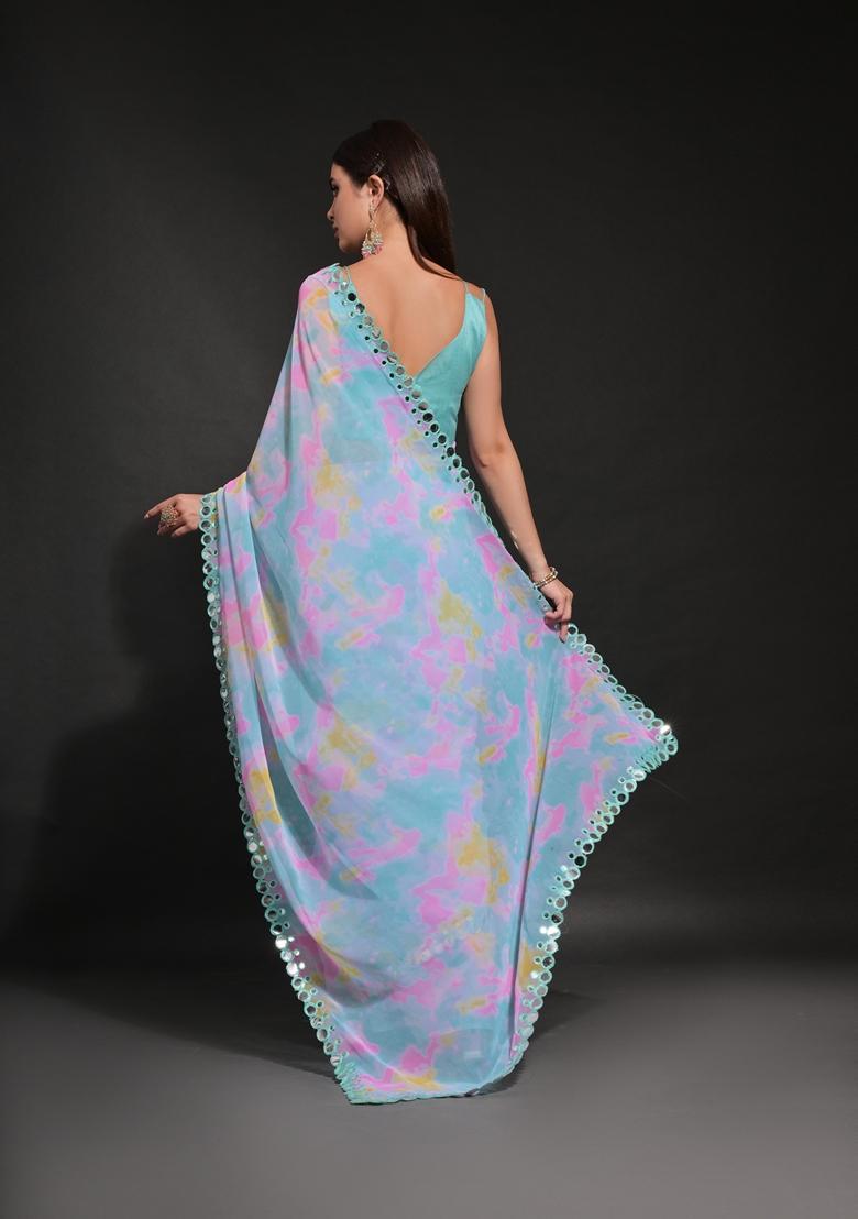 Aqua Embellished Georgette Saree Set - Indya