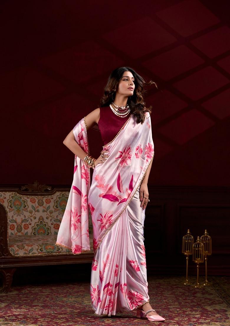 Pink Lace Work Silk Saree Set - Indya