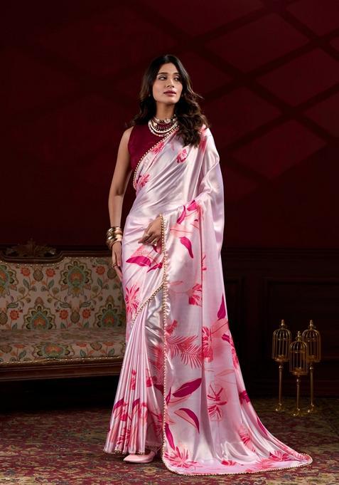 Pink Lace Work Silk Saree Set