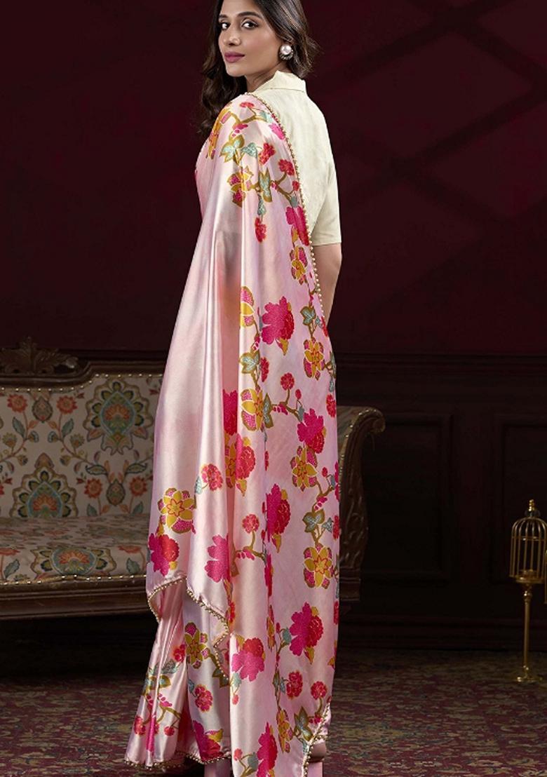 Peach Lace Work Silk Saree Set - Indya