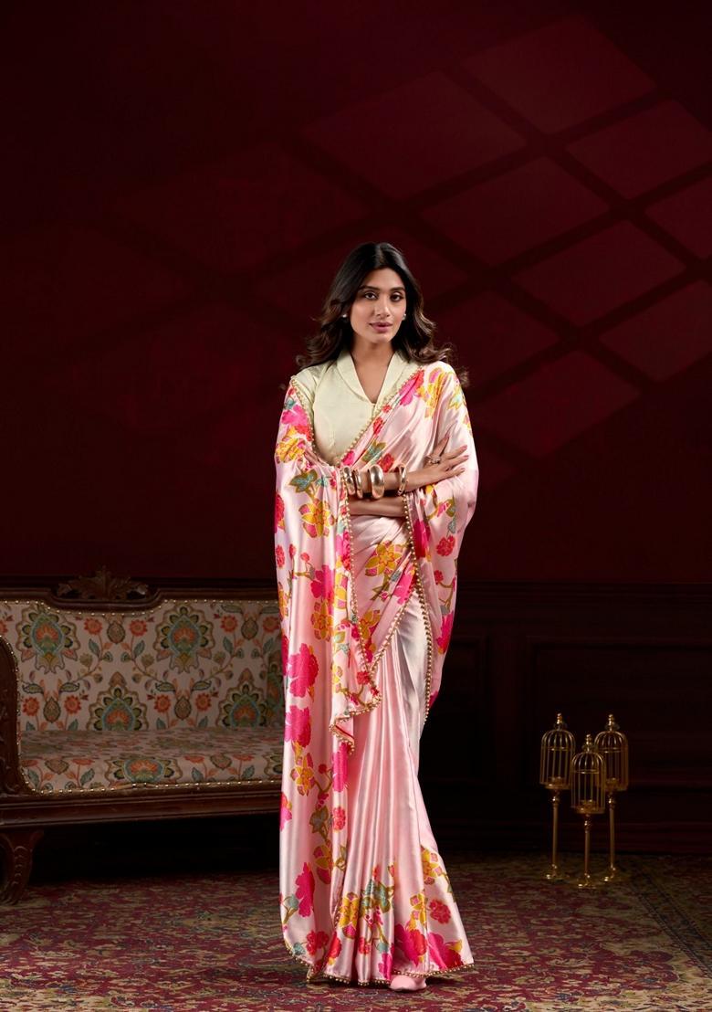 Peach Lace Work Silk Saree Set - Indya
