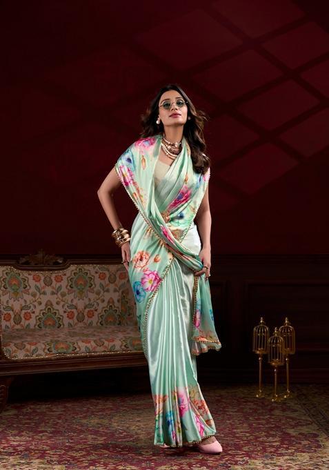 Green Lace Work Silk Saree Set