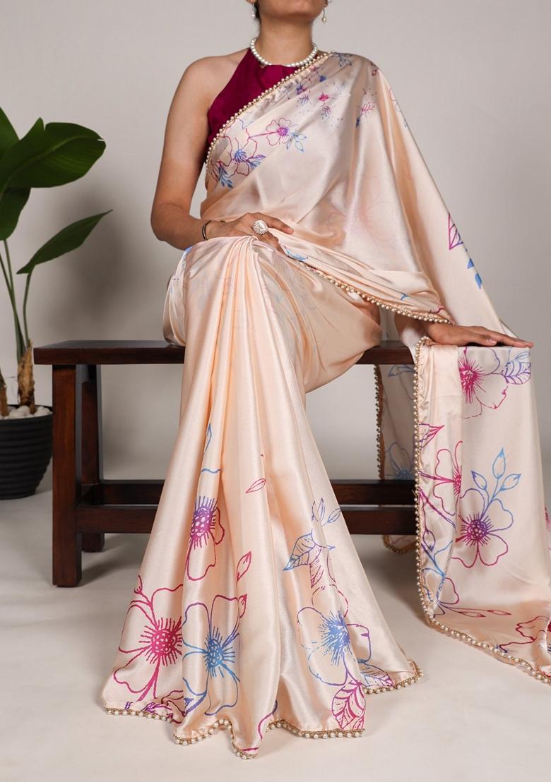 Cream Lace Work Silk Saree Set - Indya