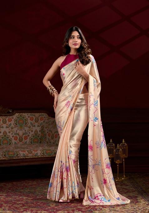 Cream Lace Work Silk Saree Set