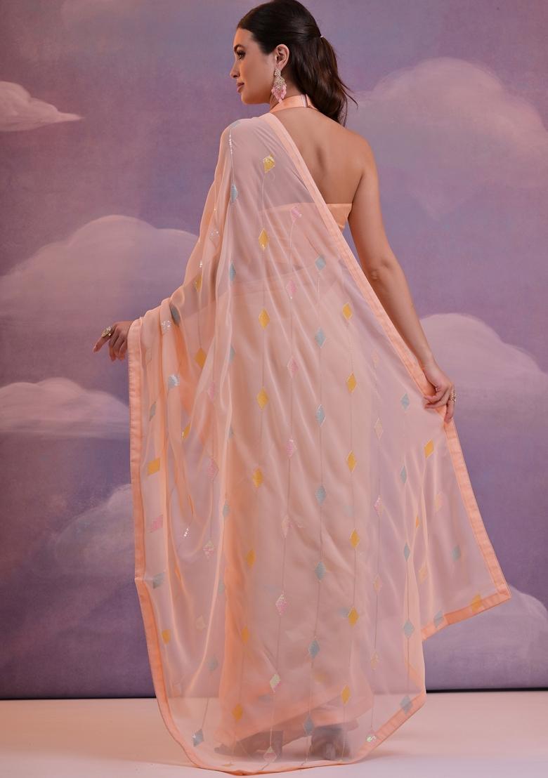 Peach Embellished Georgette Saree Set - Indya