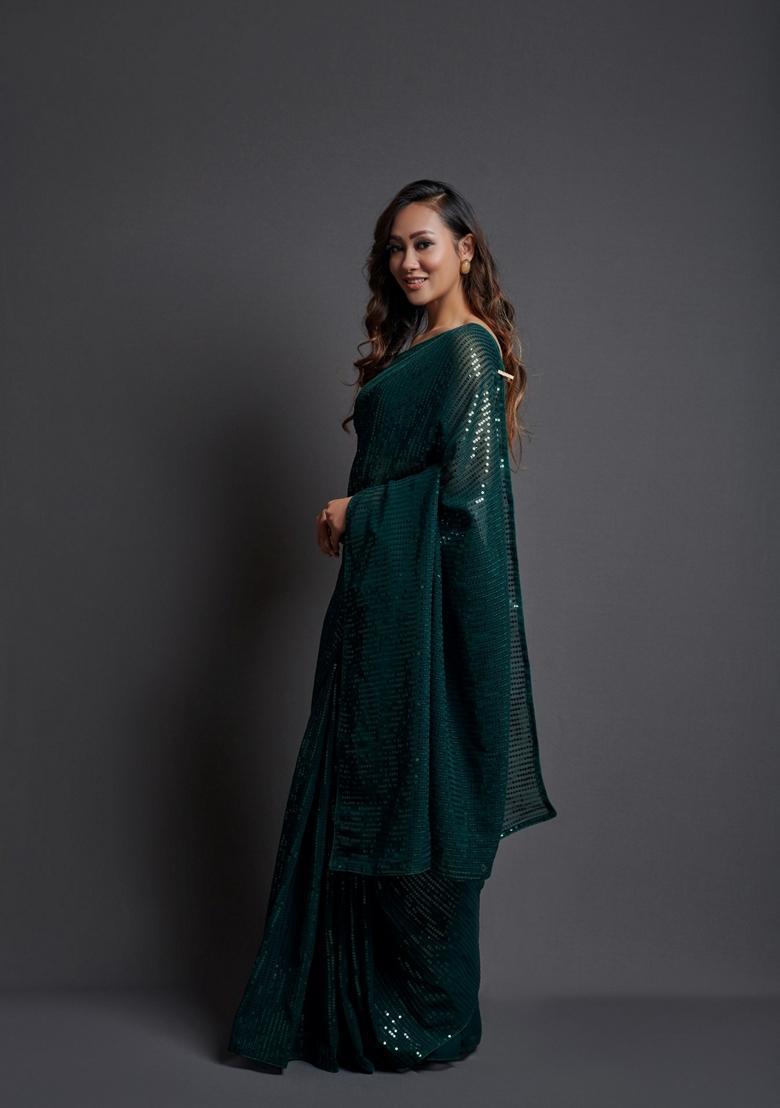 Green Embellished Georgette Saree Set - Indya