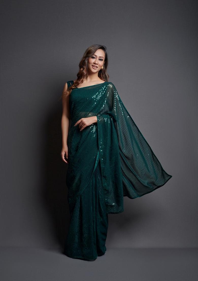Green Embellished Georgette Saree Set - Indya
