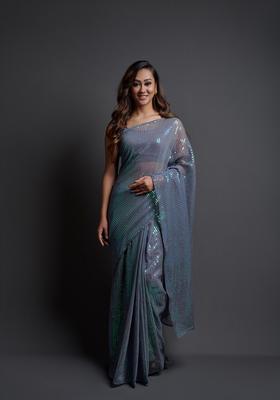 Grey Embellished Georgette Saree Set
