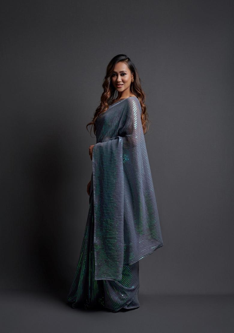 Grey Embellished Georgette Saree Set - Indya