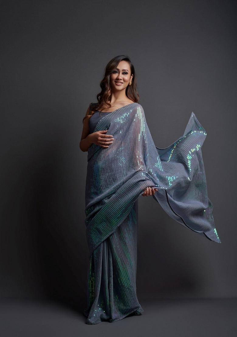 Grey Embellished Georgette Saree Set - Indya