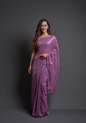 Mauve Embellished Georgette Saree Set