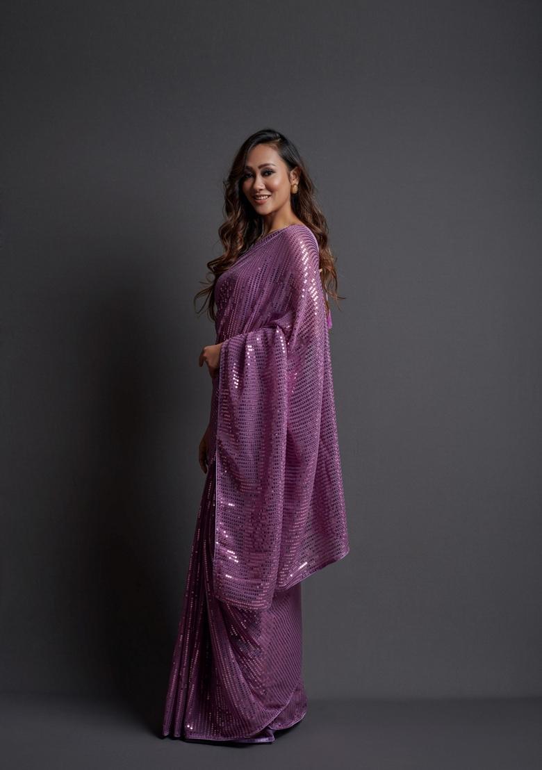 Mauve Embellished Georgette Saree Set - Indya