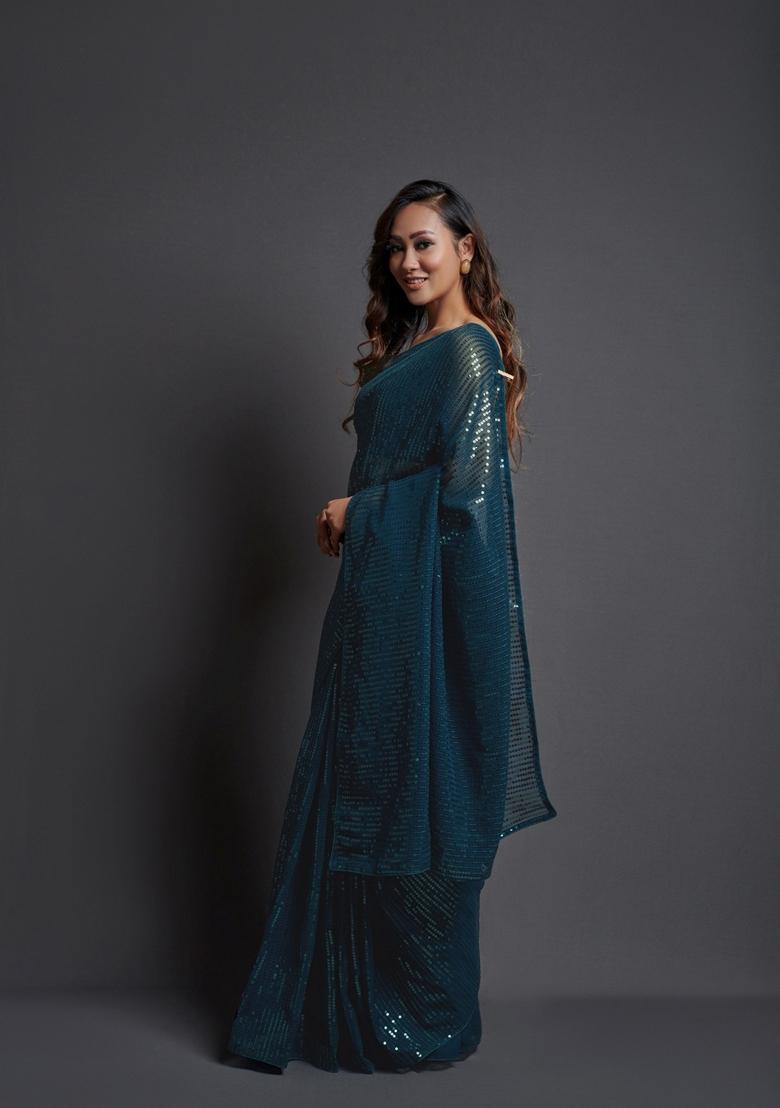Teal Embellished Georgette Saree Set - Indya