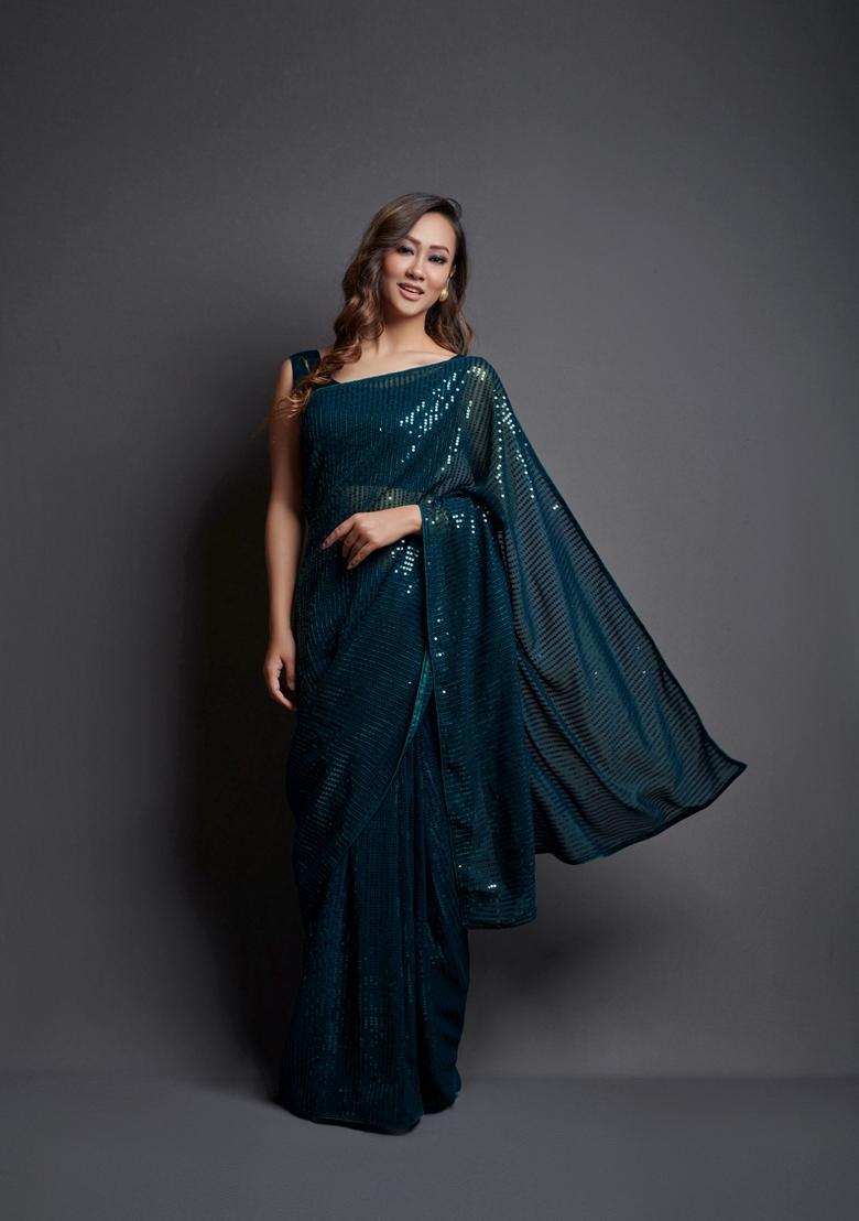 Teal Embellished Georgette Saree Set - Indya