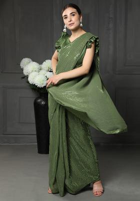 Green Embellished Georgette Saree Set
