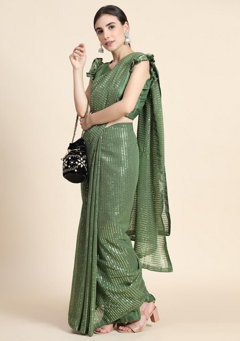 Green Embellished Georgette Saree Set - Indya