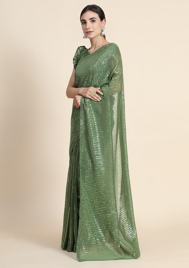 Green Embellished Georgette Saree Set - Indya