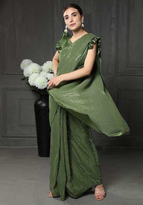 Green Embellished Georgette Saree Set