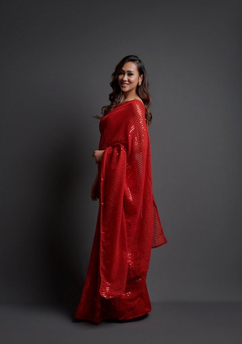 Red Embellished Georgette Saree Set - Indya