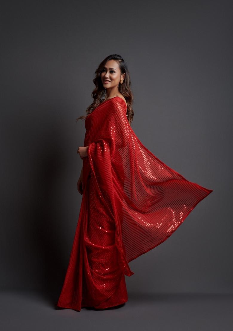 Red Embellished Georgette Saree Set - Indya