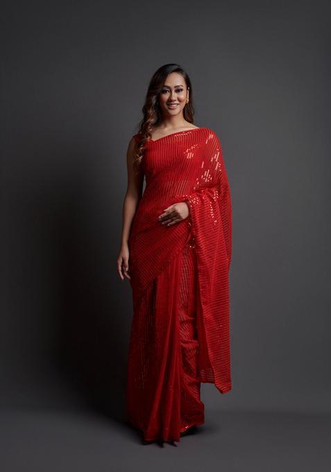 Red Embellished Georgette Saree Set