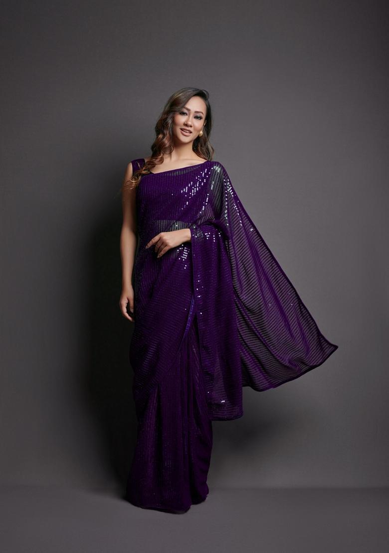 Magenta Embellished Georgette Saree Set - Indya