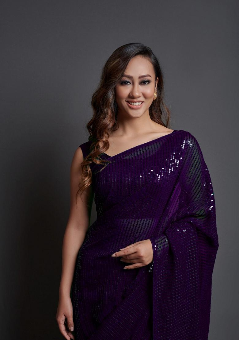 Magenta Embellished Georgette Saree Set - Indya